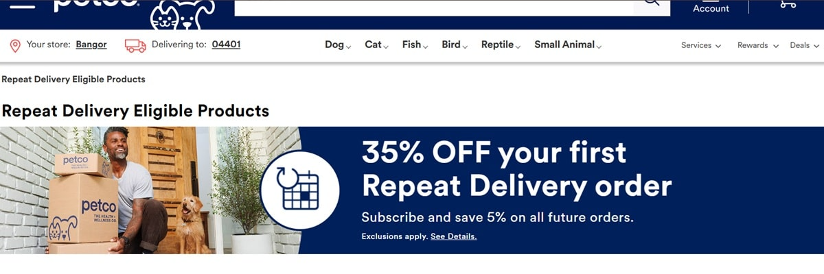 Petco subscription service interface showing 35% discount on first repeat order and 5% savings on future deliveries